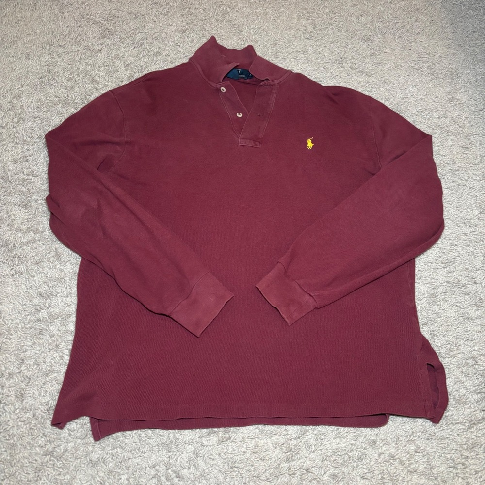 Polo Ralph Lauren Mens Large Burgundy Long Sleeve Polo Shirt Yellow Pony Cotton